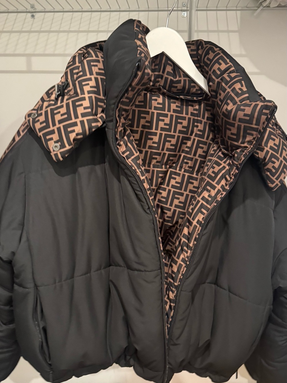 Fendi Black Puffer Jacket with Brown FF Logo Lining